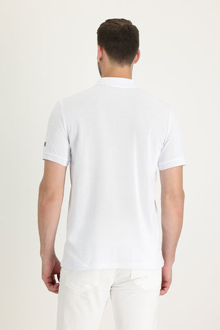  Beyaz Polo Yaka Slim Fit Dar Kesim Fermuarlı Baskılı Pamuk Tişört