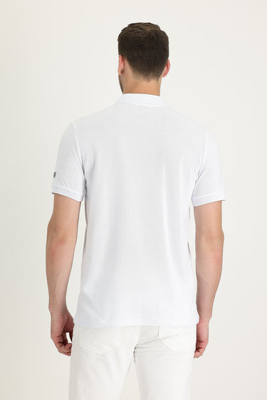 Beyaz Polo Yaka Slim Fit Dar Kesim Fermuarlı Baskılı Pamuk Tişört