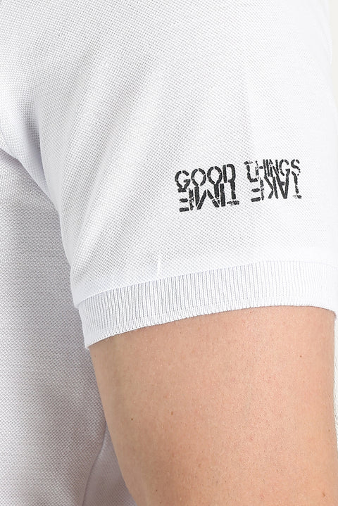 Beyaz Polo Yaka Slim Fit Dar Kesim Fermuarlı Baskılı Pamuk Tişört