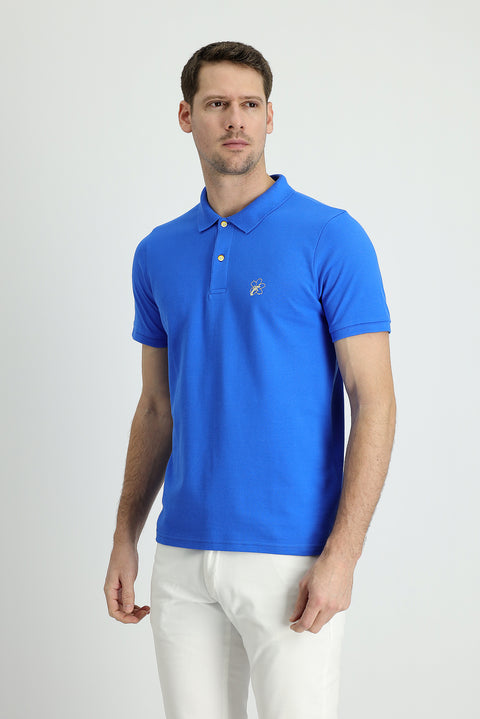 Çivit Mavisi Polo Yaka Slim Fit Dar Kesim Baskılı Pamuk Tişört