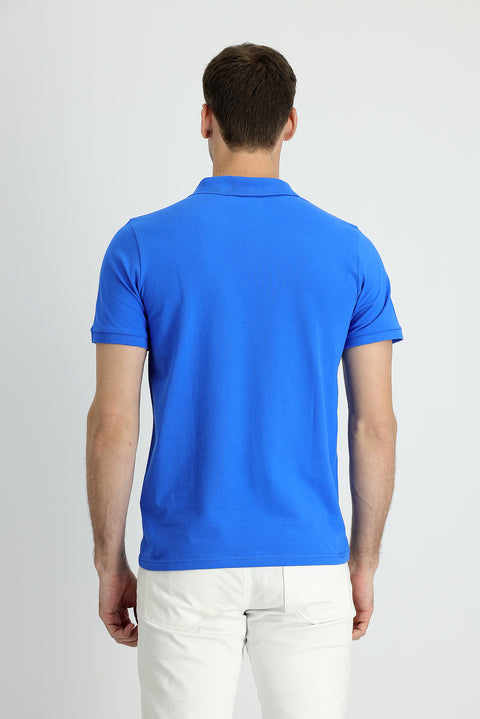 Çivit Mavisi Polo Yaka Slim Fit Dar Kesim Baskılı Pamuk Tişört