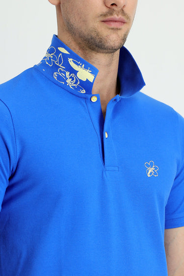 Çivit Mavisi Polo Yaka Slim Fit Dar Kesim Baskılı Pamuk Tişört