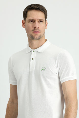  Kırık Beyaz Polo Yaka Slim Fit Dar Kesim Baskılı Pamuk Tişört