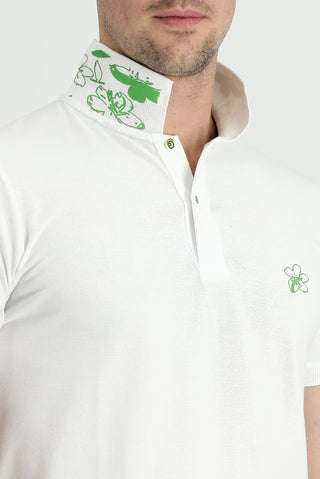  Kırık Beyaz Polo Yaka Slim Fit Dar Kesim Baskılı Pamuk Tişört