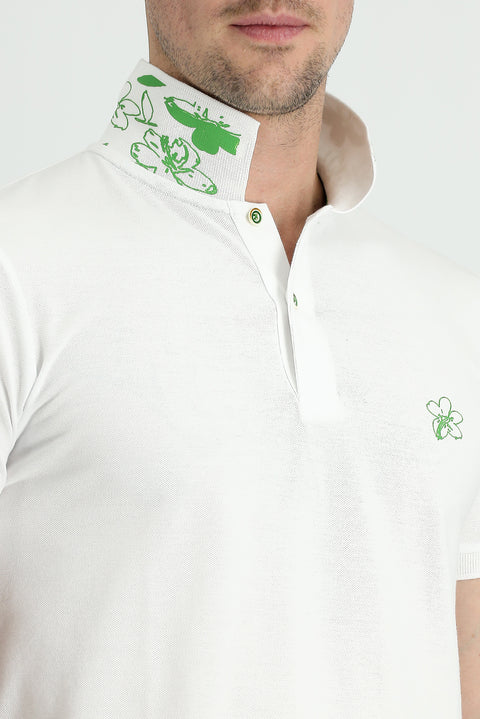Kırık Beyaz Polo Yaka Slim Fit Dar Kesim Baskılı Pamuk Tişört
