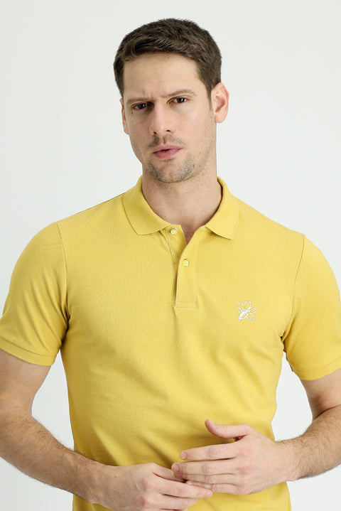 Sarı Polo Yaka Slim Fit Dar Kesim Baskılı Pamuk Tişört