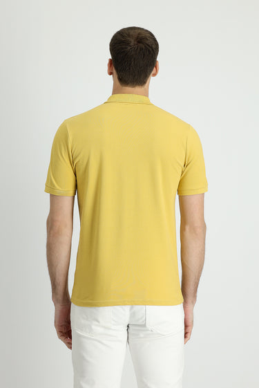 Sarı Polo Yaka Slim Fit Dar Kesim Baskılı Pamuk Tişört