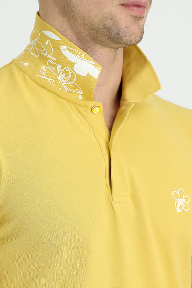 Sarı Polo Yaka Slim Fit Dar Kesim Baskılı Pamuk Tişört