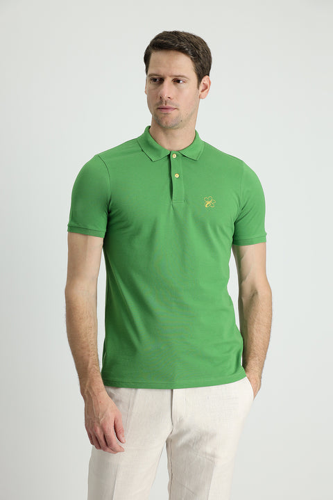 Çimen Yeşili Polo Yaka Slim Fit Dar Kesim Baskılı Pamuk Tişört