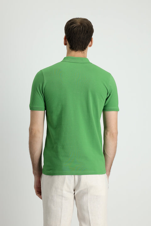 Çimen Yeşili Polo Yaka Slim Fit Dar Kesim Baskılı Pamuk Tişört