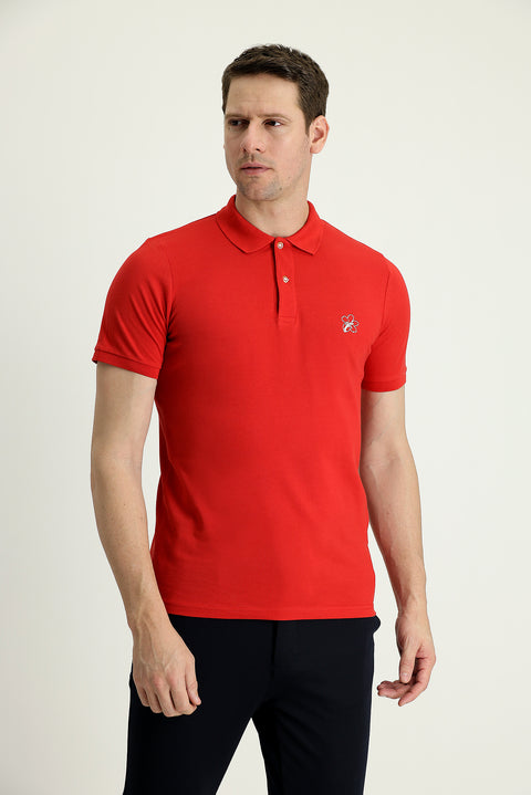 Bayrak Kırmızı Polo Yaka Slim Fit Dar Kesim Baskılı Pamuk Tişört