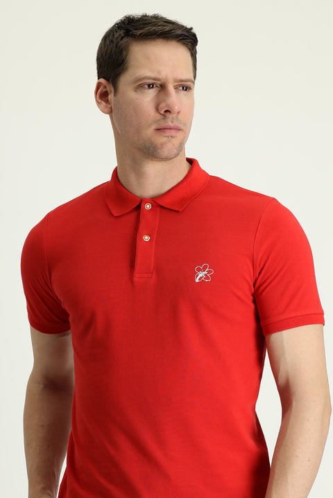 Bayrak Kırmızı Polo Yaka Slim Fit Dar Kesim Baskılı Pamuk Tişört