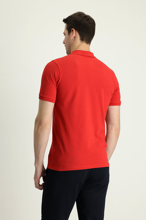 Bayrak Kırmızı Polo Yaka Slim Fit Dar Kesim Baskılı Pamuk Tişört