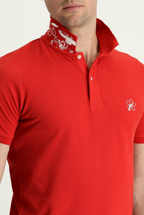 Bayrak Kırmızı Polo Yaka Slim Fit Dar Kesim Baskılı Pamuk Tişört