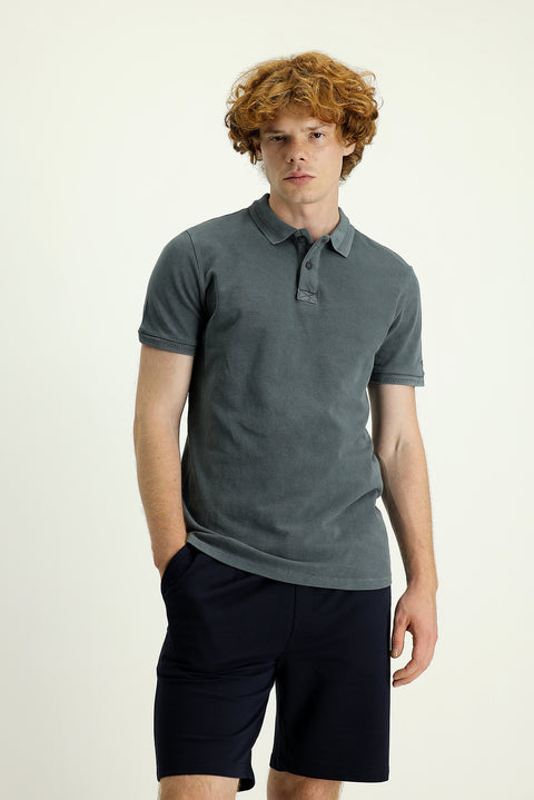 Siyah Polo Yaka Slim Fit Dar Kesim Nakışlı Pamuk Tişört