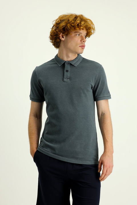 Siyah Polo Yaka Slim Fit Dar Kesim Nakışlı Pamuk Tişört