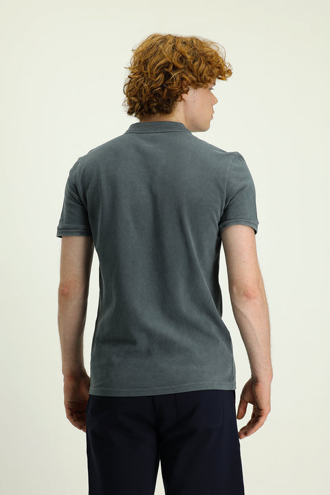 Siyah Polo Yaka Slim Fit Dar Kesim Nakışlı Pamuk Tişört