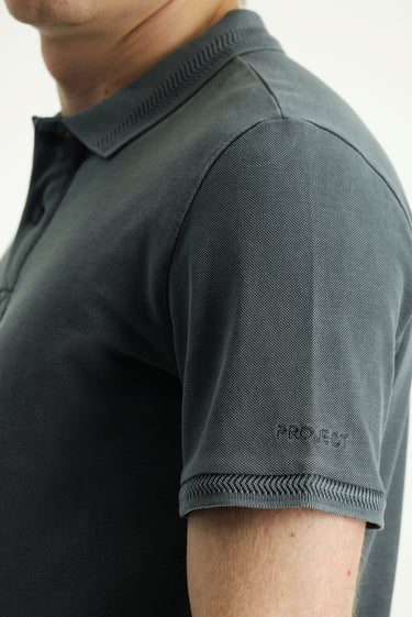 Siyah Polo Yaka Slim Fit Dar Kesim Nakışlı Pamuk Tişört