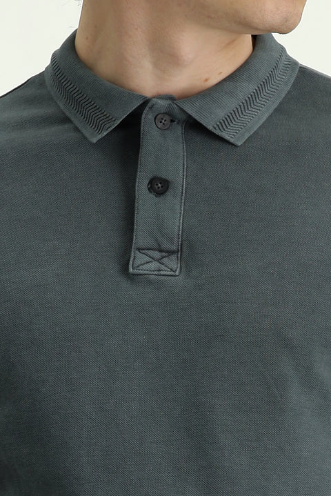 Siyah Polo Yaka Slim Fit Dar Kesim Nakışlı Pamuk Tişört