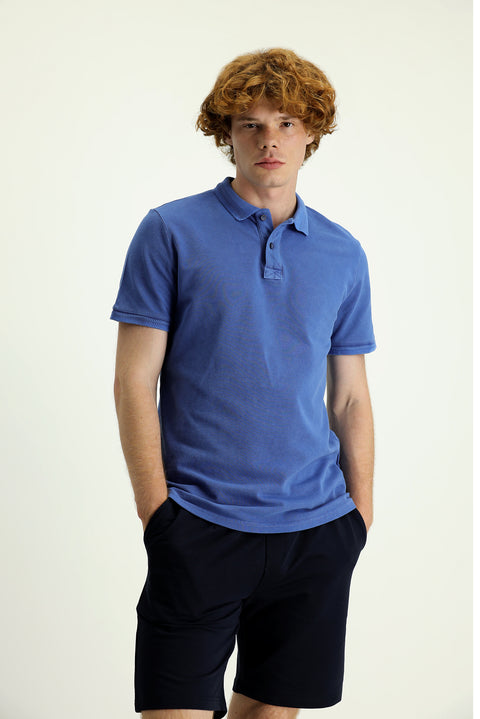 İndigo Polo Yaka Slim Fit Dar Kesim Nakışlı Pamuk Tişört