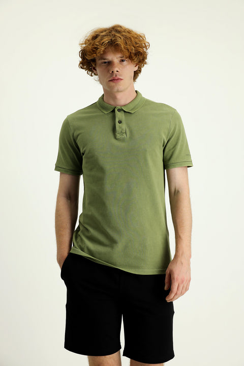 Orta Haki Polo Yaka Slim Fit Dar Kesim Nakışlı Pamuk Tişört