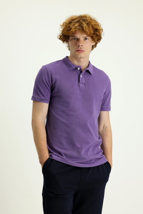 Orta Mor Polo Yaka Slim Fit Dar Kesim Nakışlı Pamuk Tişört