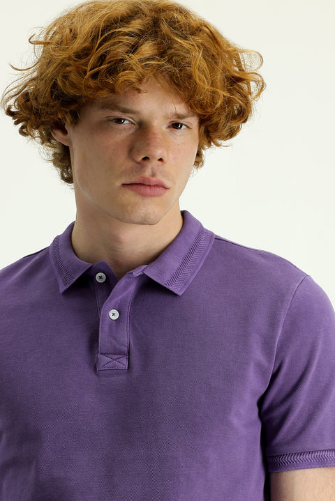 Orta Mor Polo Yaka Slim Fit Dar Kesim Nakışlı Pamuk Tişört