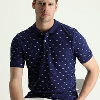 Siyah Lacivert Polo Yaka Slim Fit Dar Kesim Desenli Pamuk Tişört
