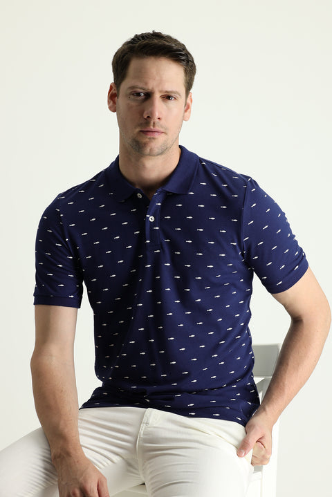 Siyah Lacivert Polo Yaka Slim Fit Dar Kesim Desenli Pamuk Tişört