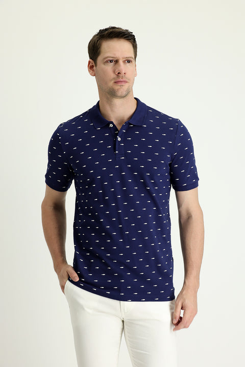 Siyah Lacivert Polo Yaka Slim Fit Dar Kesim Desenli Pamuk Tişört