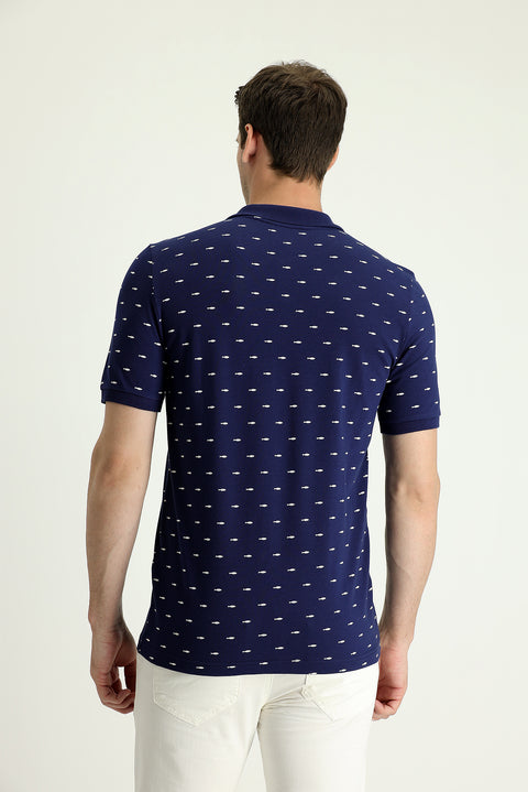 Siyah Lacivert Polo Yaka Slim Fit Dar Kesim Desenli Pamuk Tişört