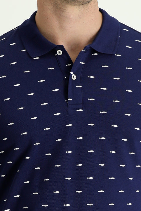 Siyah Lacivert Polo Yaka Slim Fit Dar Kesim Desenli Pamuk Tişört