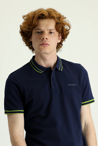  Koyu Lacivert Polo Yaka Slim Fit Dar Kesim Pamuk Tişört