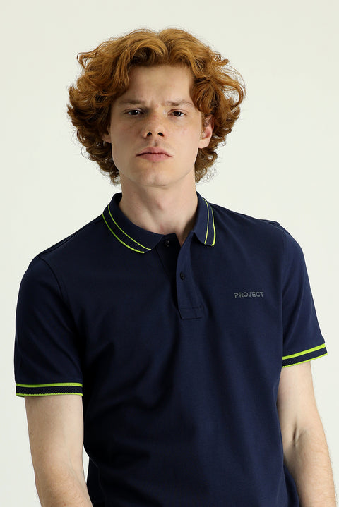 Koyu Lacivert Polo Yaka Slim Fit Dar Kesim Pamuk Tişört