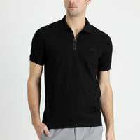 Siyah Polo Yaka Slim Fit Dar Kesim Fermuarlı Baskılı Pamuklu Tişört
