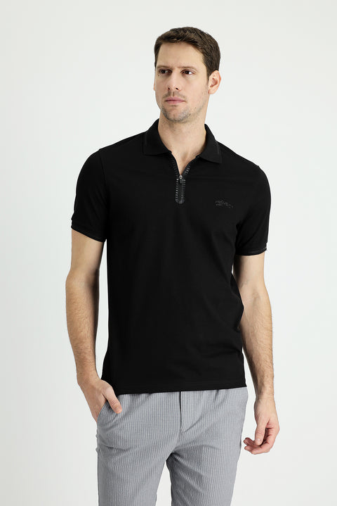 Black Polo Collar Slim Fit Narrow Cut Zip-Up Printed Cotton T-Shirt