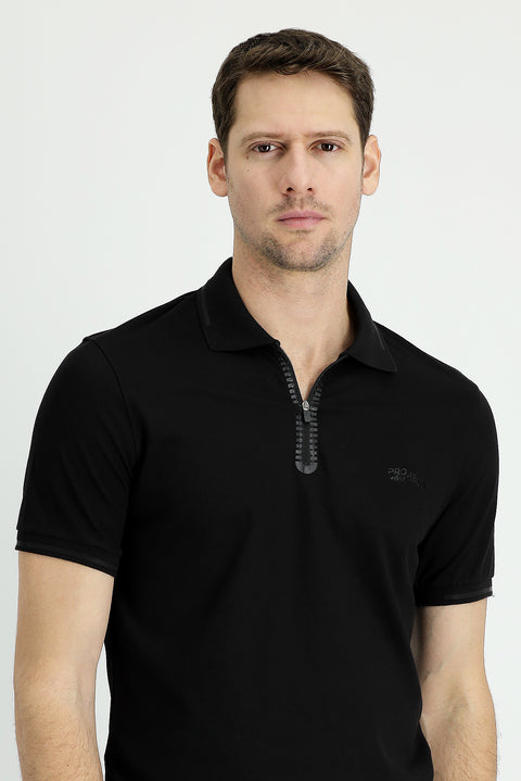 Black Polo Collar Slim Fit Narrow Cut Zip-Up Printed Cotton T-Shirt