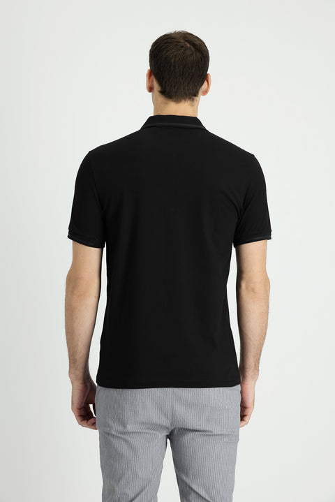 Black Polo Collar Slim Fit Narrow Cut Zip-Up Printed Cotton T-Shirt