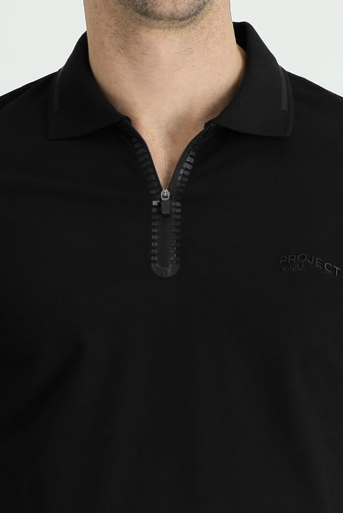 Black Polo Collar Slim Fit Narrow Cut Zip-Up Printed Cotton T-Shirt