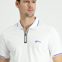 Beyaz Polo Yaka Slim Fit Dar Kesim Fermuarlı Baskılı Pamuklu Tişört