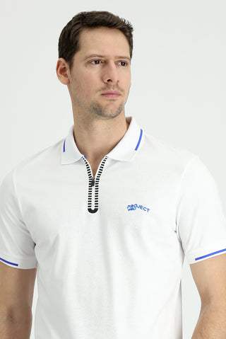  Beyaz Polo Yaka Slim Fit Dar Kesim Fermuarlı Baskılı Pamuklu Tişört