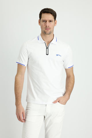  Beyaz Polo Yaka Slim Fit Dar Kesim Fermuarlı Baskılı Pamuklu Tişört