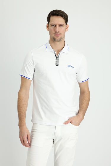  Beyaz Polo Yaka Slim Fit Dar Kesim Fermuarlı Baskılı Pamuklu Tişört