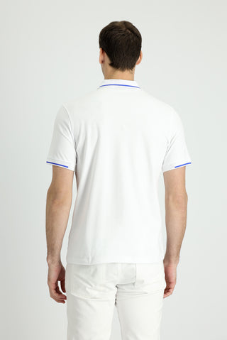  Beyaz Polo Yaka Slim Fit Dar Kesim Fermuarlı Baskılı Pamuklu Tişört