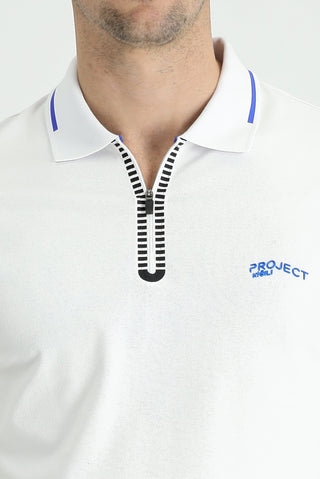  Beyaz Polo Yaka Slim Fit Dar Kesim Fermuarlı Baskılı Pamuklu Tişört