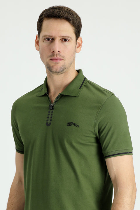 Medium Khaki Polo Collar Slim Fit Narrow Cut Zip-Up Printed Cotton T-Shirt