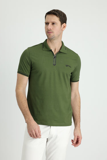 Orta Haki Polo Yaka Slim Fit Dar Kesim Fermuarlı Baskılı Pamuklu Tişört