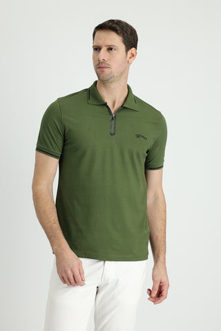  Orta Haki Polo Yaka Slim Fit Dar Kesim Fermuarlı Baskılı Pamuklu Tişört