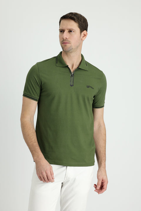 Medium Khaki Polo Collar Slim Fit Narrow Cut Zip-Up Printed Cotton T-Shirt