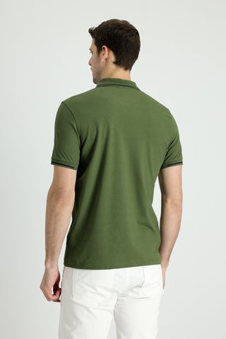  Orta Haki Polo Yaka Slim Fit Dar Kesim Fermuarlı Baskılı Pamuklu Tişört